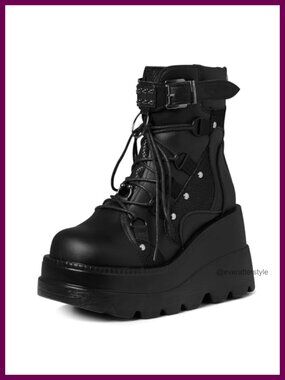 Women's Gothic Platform Ankle Boots with Wedge Heel, Vegan PU Leather Lace-Up